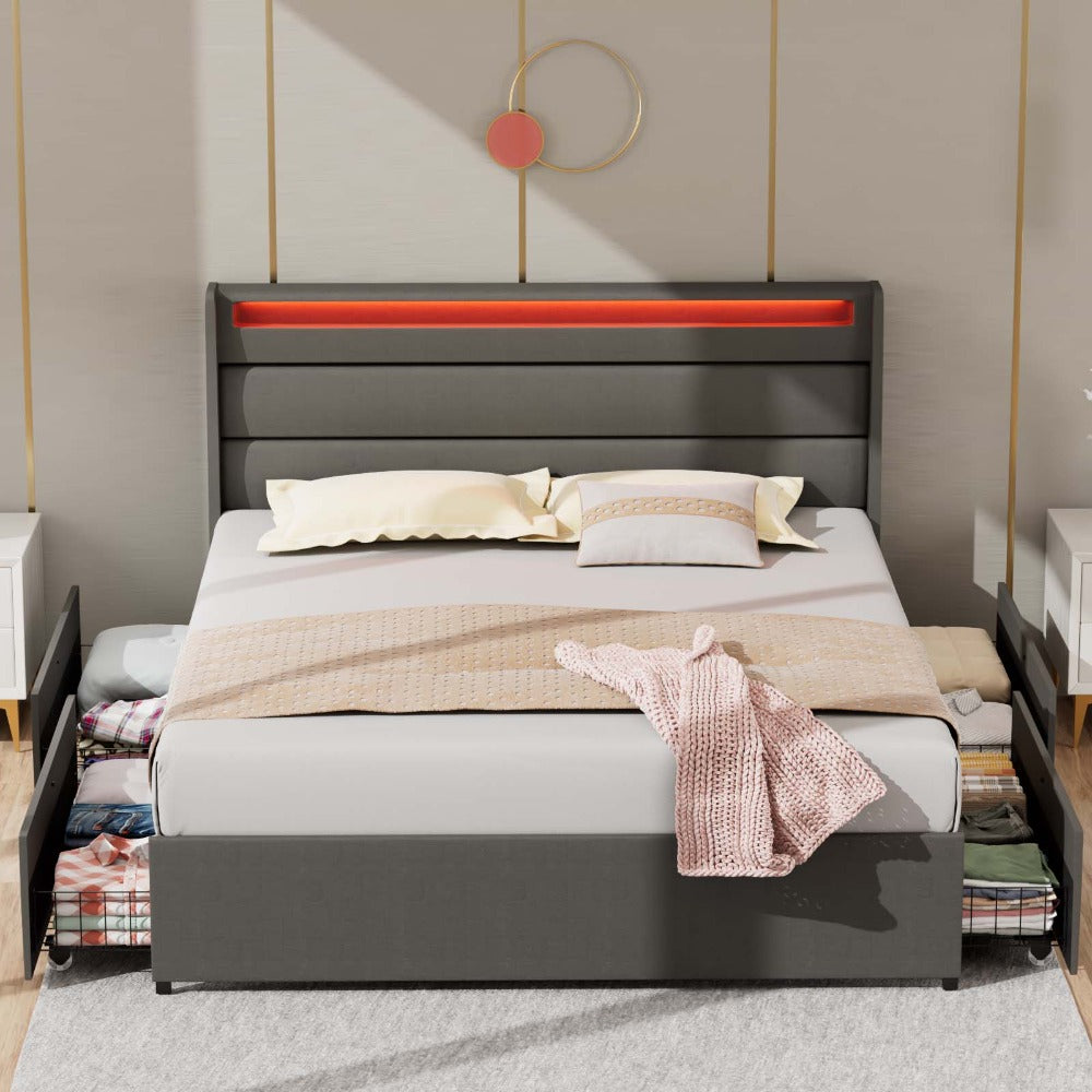 
                  
                    Queen Size Bed Frame with RGBW LED Lights, Upholstered Headboard & 4 Storage Drawers, Thickened Hardwood Slats, Dark Grey
                  
                