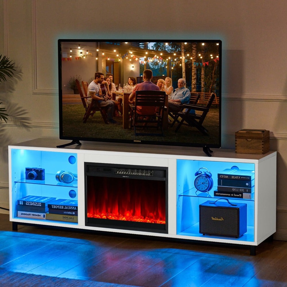 68 Inch Modern LED Fireplace TV Stand with Adjustable Glass Shelves for TV up to 78