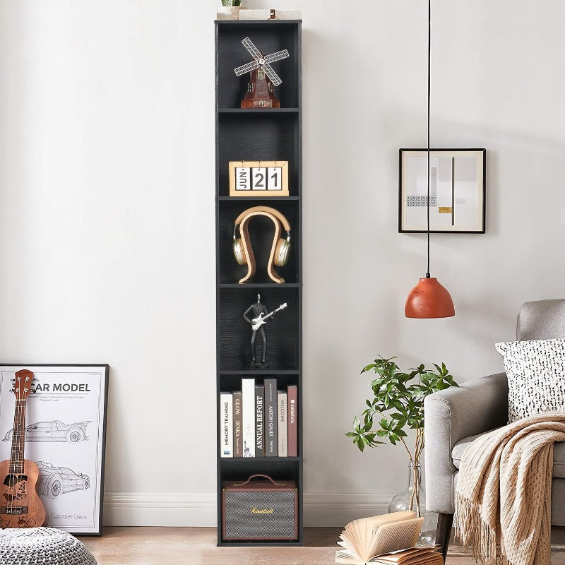 Tall Narrow Bookshelf, 6-Tier Cube Display Rack, Modern Corner Bookshelf with Storage Space, Storage Cabinet, Black