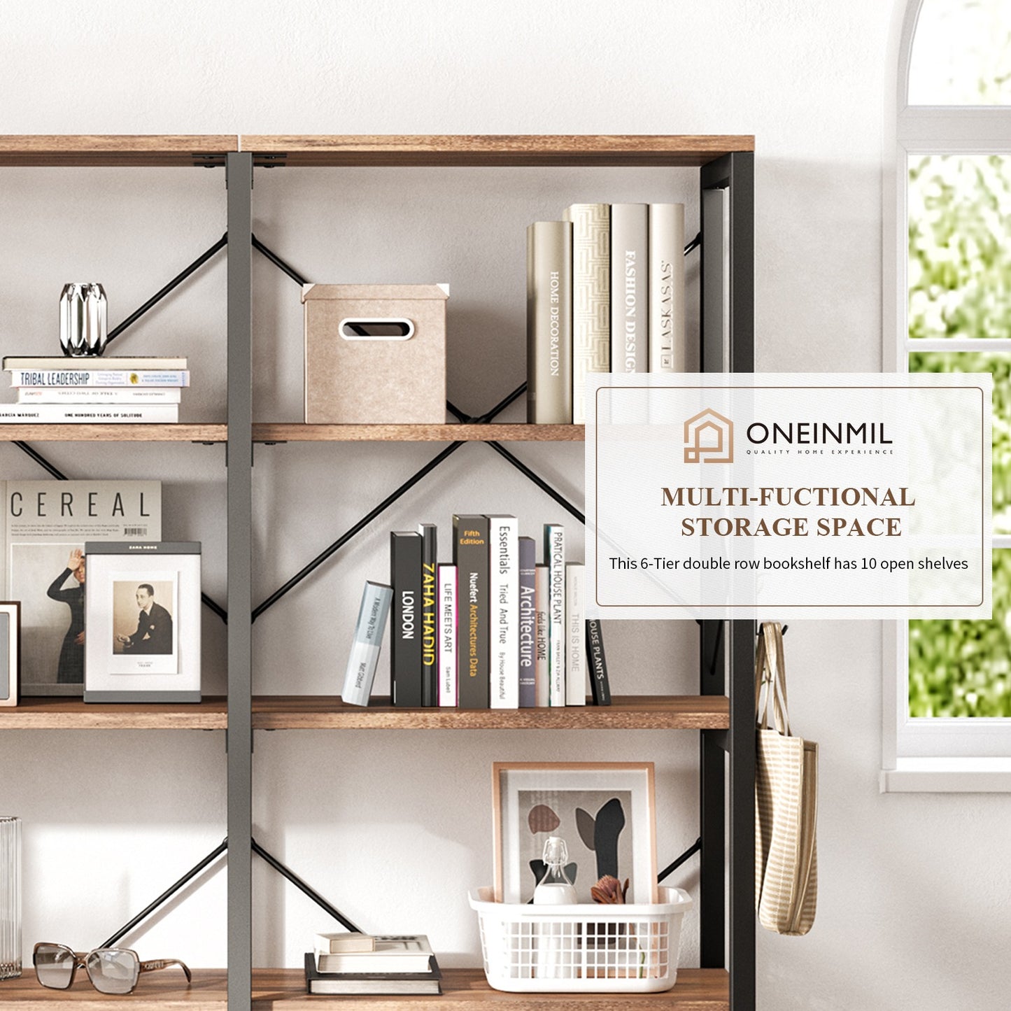 
                  
                    Double Wide 5-Tier Bookshelf, Industrial Metal Frame, Adjustable Large Open Etagere Shelf, Rustic Brown
                  
                