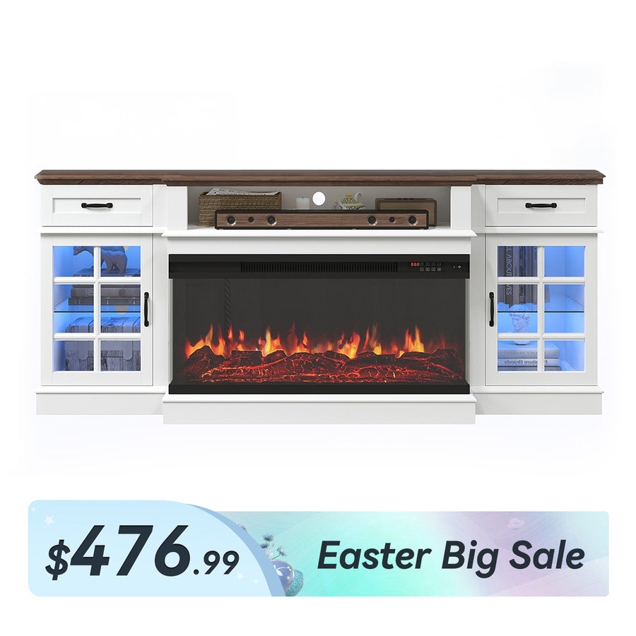 70" Glass Door Cabinets Farmhouse Fireplace TV Stand with Drawers