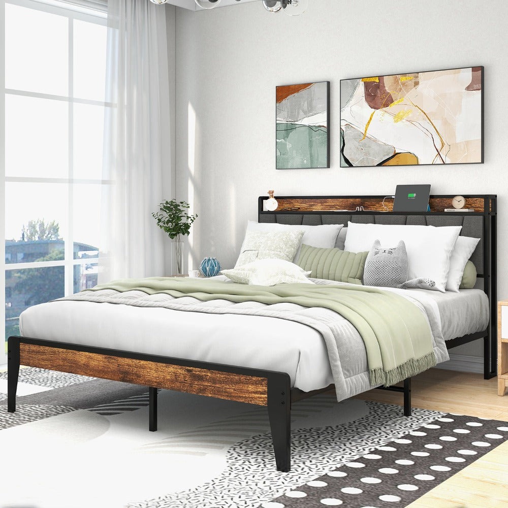 
                  
                    Queen Size Bed Frame, Storage Headboard with Charging Station, Stylish Retro Design
                  
                