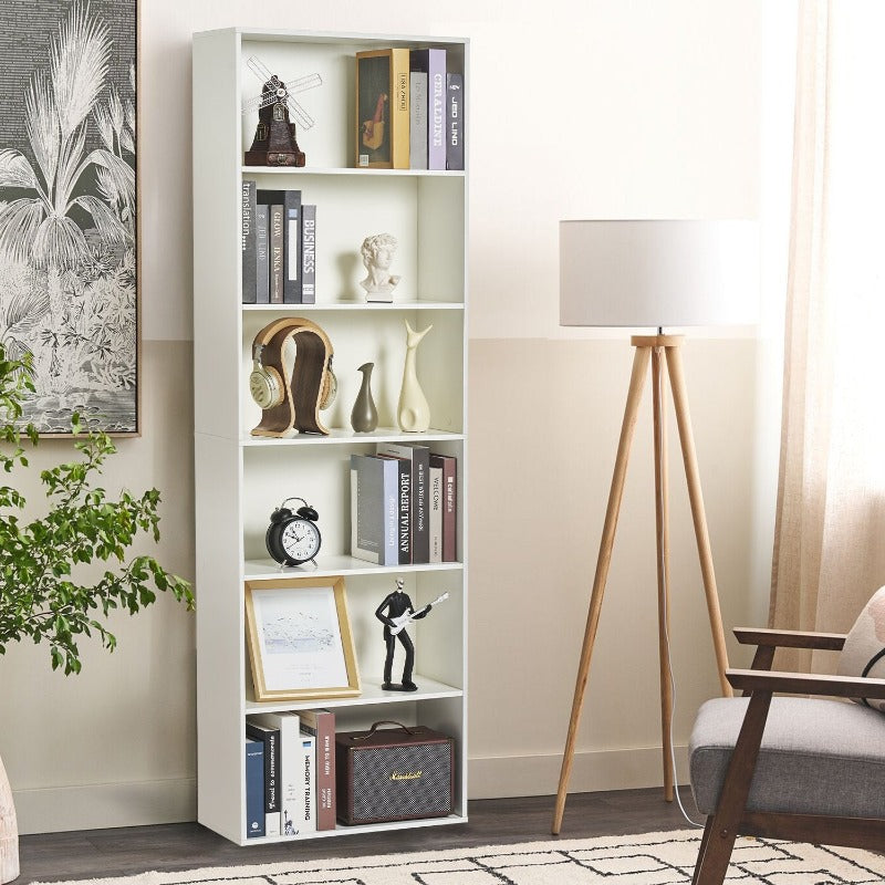 6 Tier Wooden Tall BookShelf, High Bookcase, 70 inch Floor Standing, White