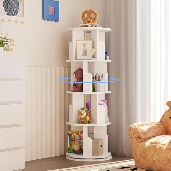 oneinmil Rotating Bookshelf, 360° Rotating Bookcase for Small Space, Corner Bookcase for Bedroom, Living Room, Study Room, 4 Tier, White
