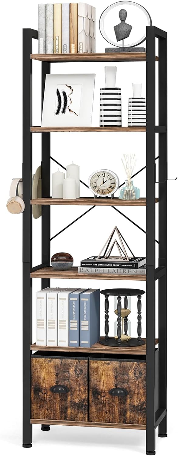 6-Tier Bookshelf with 2 Storage Drawers, Industrial Display Standing Shelf, Rustic Wood Storage Shelf with Metal Frame (Brown/Black)