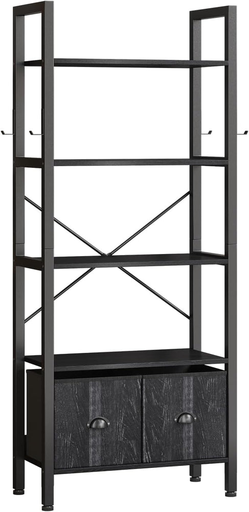 
                  
                    Industrial Rustic Wood Storage 5-Tier Bookshelf with 2 Storage Drawers, Black
                  
                