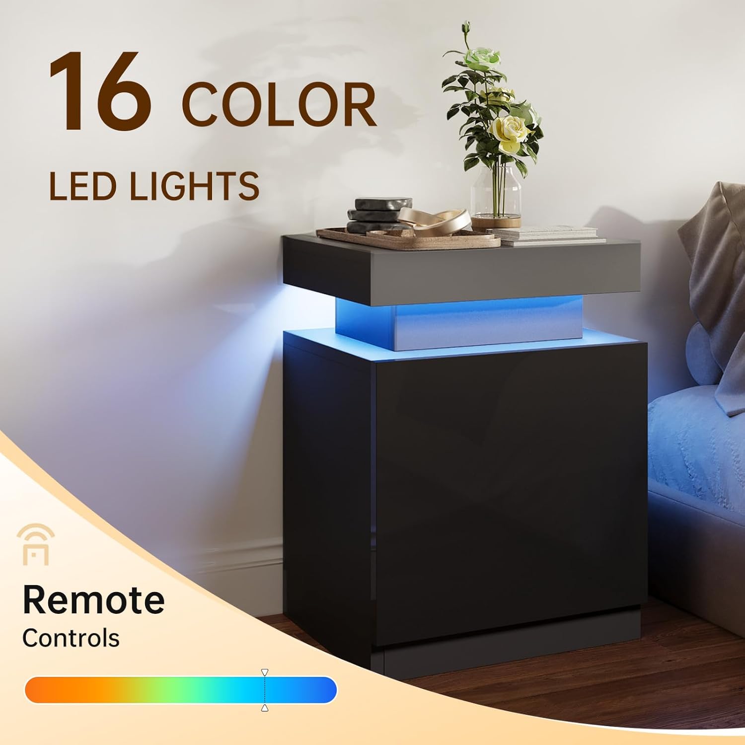 Aoxun Nightstand Set of 2 with LED Lights Night Stand with Storage Cabinet for Bedroom Bedside Table with LED Black
