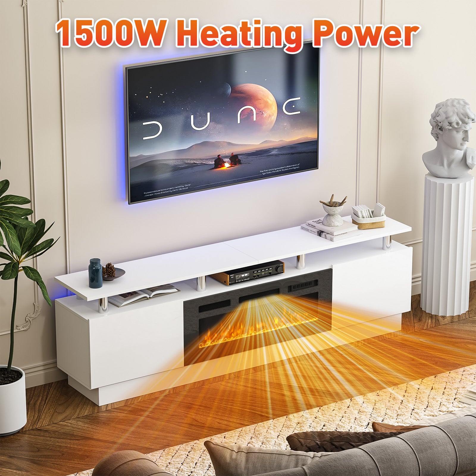 Living room with TV mounted above white media console and orange glow from fireplace projecting through floor; text at top reads '1500W Heating Power'.