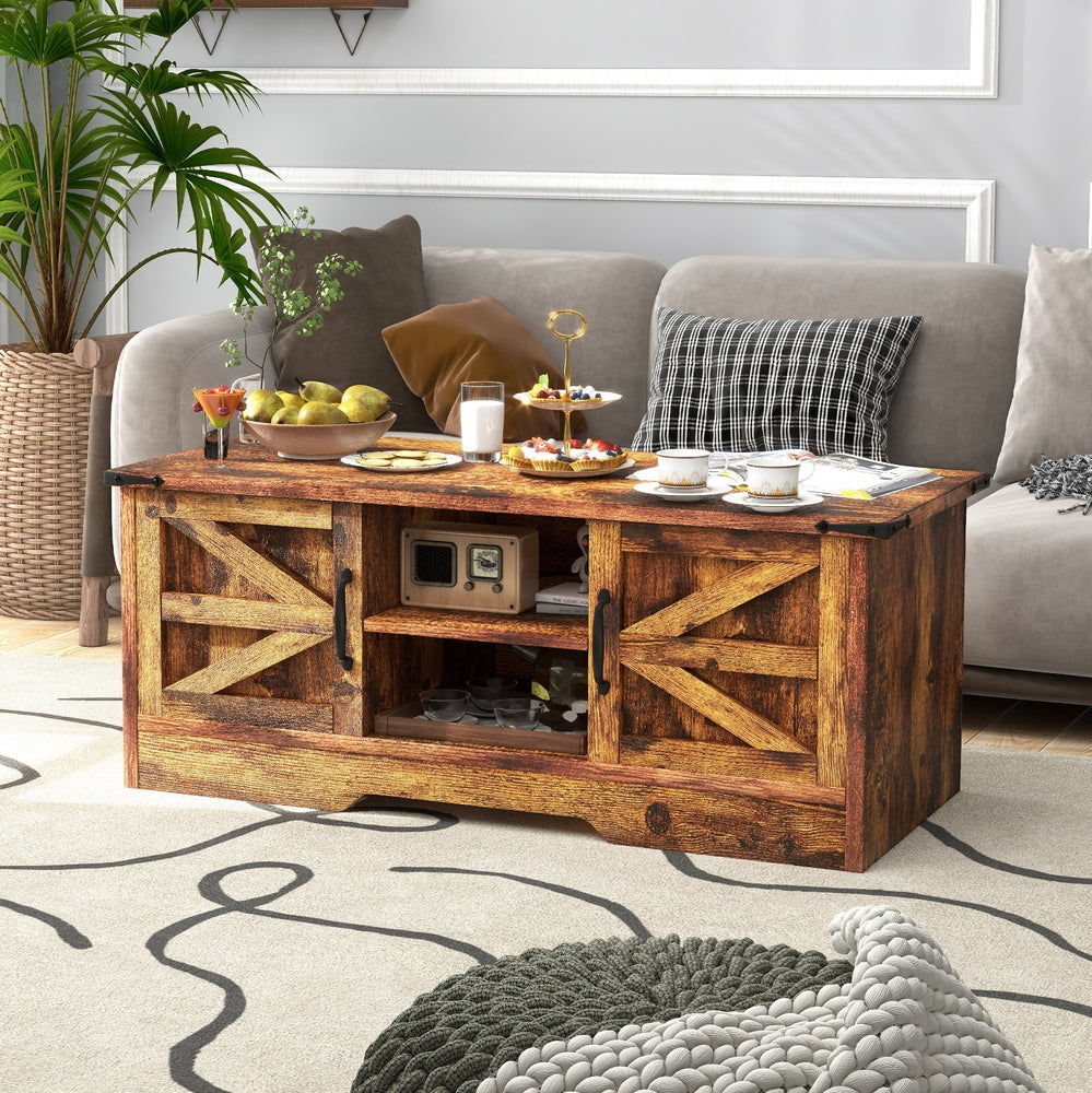 
                  
                    Barn Door Coffee Table with Storage, Rustic Farmhouse Rectangular Center Table, Brown
                  
                