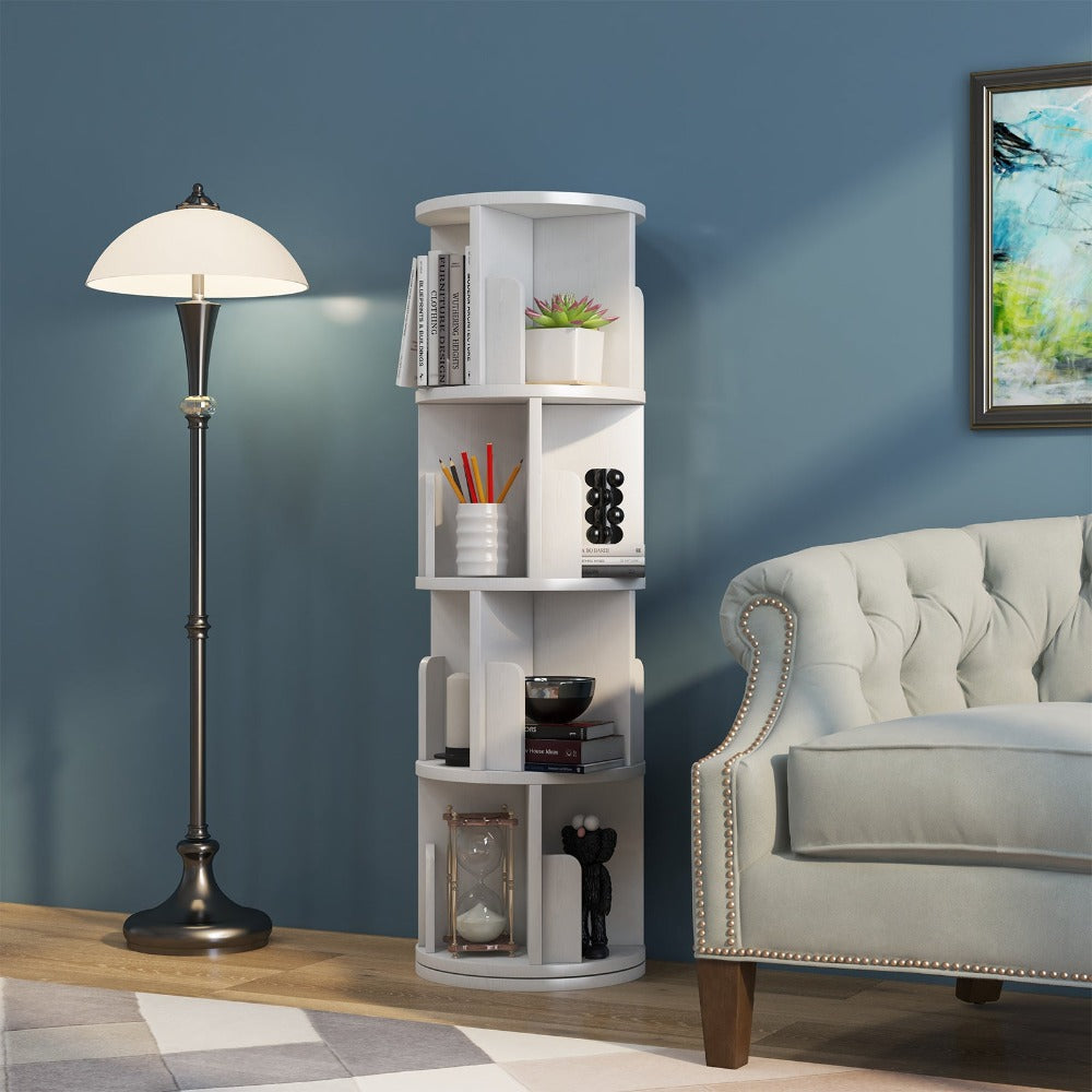 
                  
                    360 Display Rotating Small Corner Bookshelf, 4 Tier Wood Floor Standing Bookshelf Organizer, White
                  
                