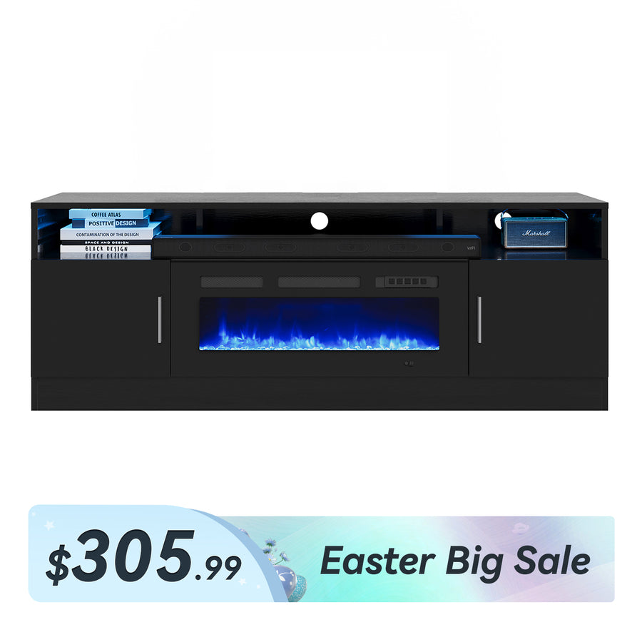 70" Modern High Gloss Fireplace TV Stand with  2 Tier Storage Cabinet