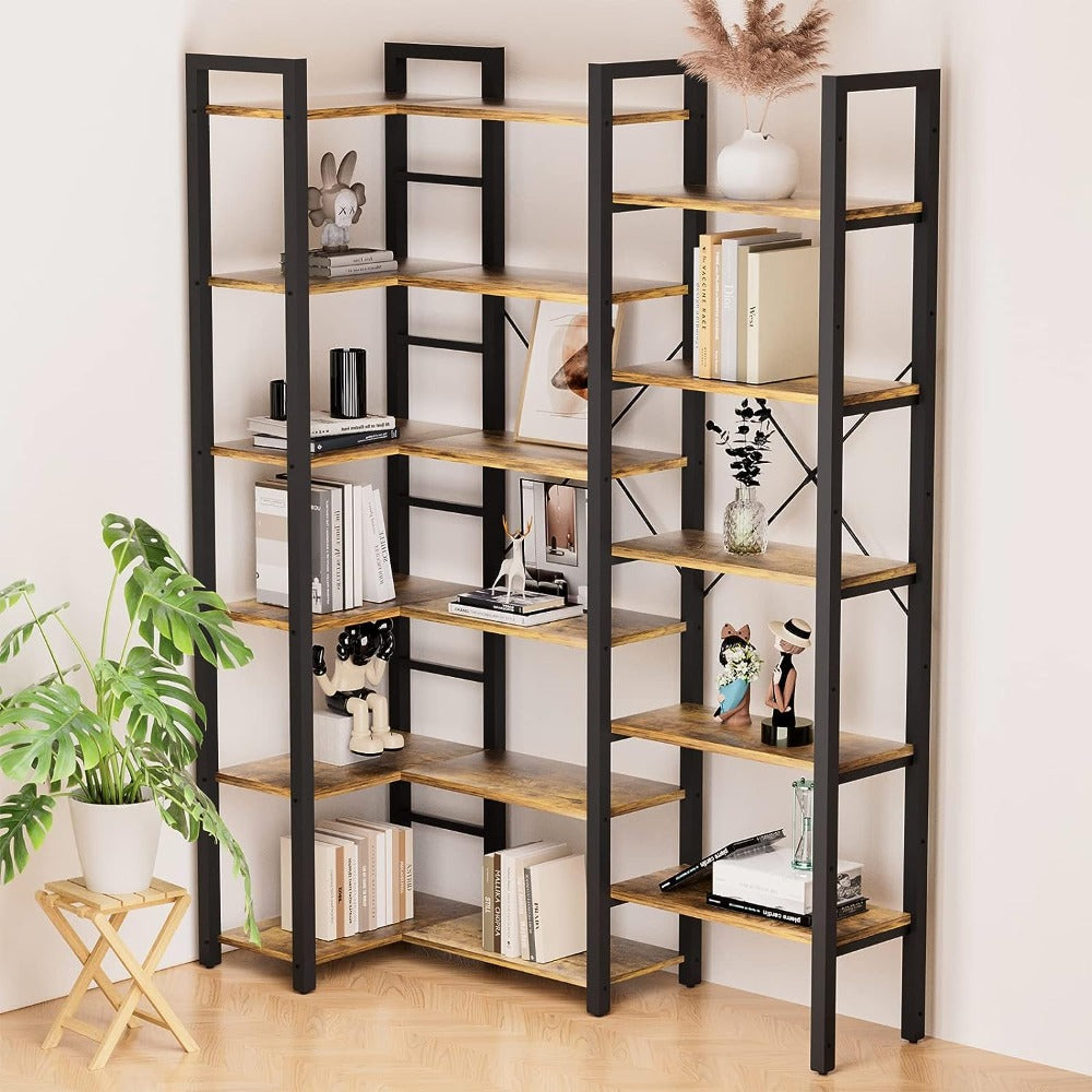 Triple Wide 6-Tier L-Shaped Bookshelf, Industrial Metal Frame, Adjustable Large Open Etagere Shelf, Rustic Brown