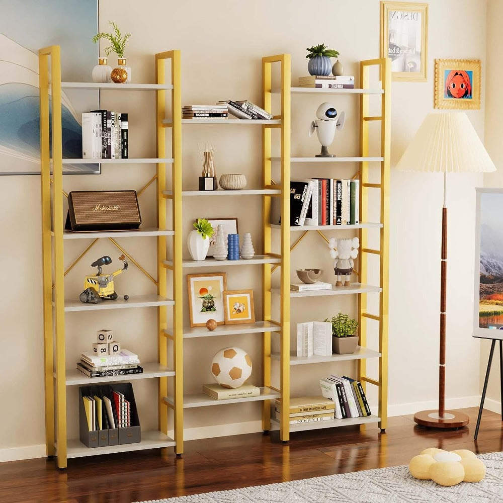 
                  
                    Triple Wide 6-Tier L-Shaped Bookshelf, Industrial Metal Frame, Adjustable Large Open Etagere Shelf, White/Gold
                  
                