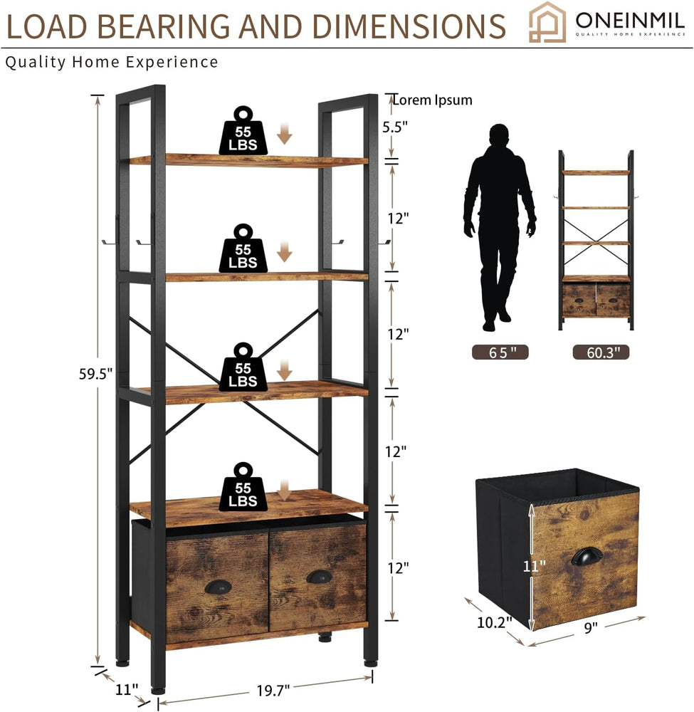
                  
                    Industrial Rustic Wood Storage 5-Tier Bookshelf with 2 Storage Drawers, Brown
                  
                