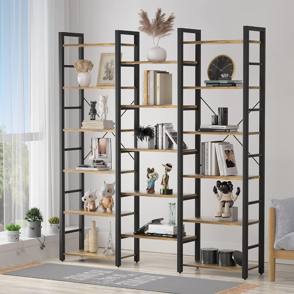 
                  
                    Triple Wide 6-Tier L-Shaped Bookshelf, Industrial Metal Frame, Adjustable Large Open Etagere Shelf, Rustic Brown
                  
                