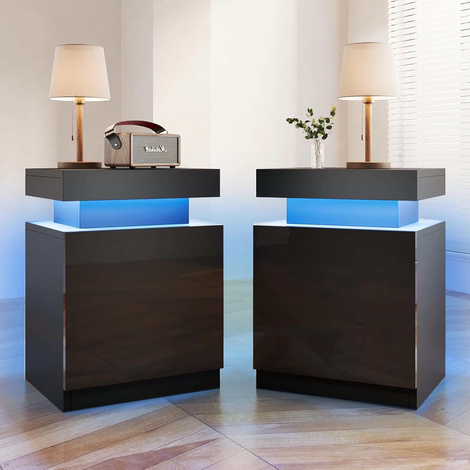 MXV Nightstand Set Of 2 With LED Lights – Bedside Tables With Storage Cabinet, White, 17.7 Inch