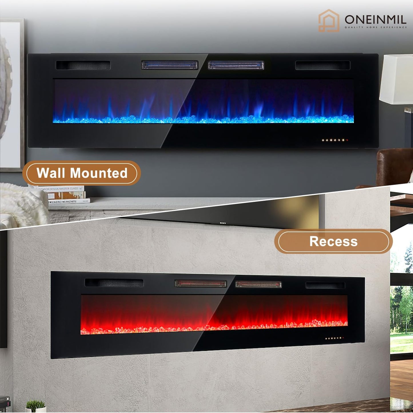 
                  
                    68 inch Recessed / Wall Mounted Electric Fireplace, 750/1500W, Remote Control, 12 Color Flame
                  
                