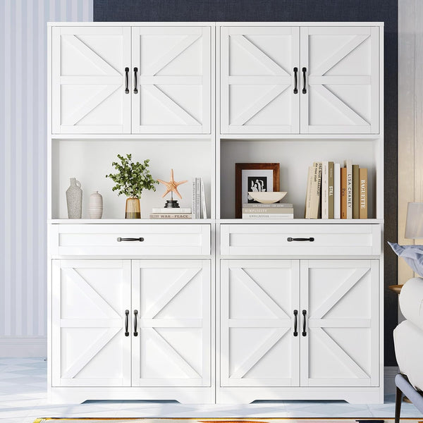 oneinmil 70'' Bookshelf and Bookcase Set of 2 Cabinet with Doors and Drawer Modern Organizer with Adjustable Shelves Tall Display Shelves Bookshelf with Storage Cabinets for Living Room(White,2 Pack)