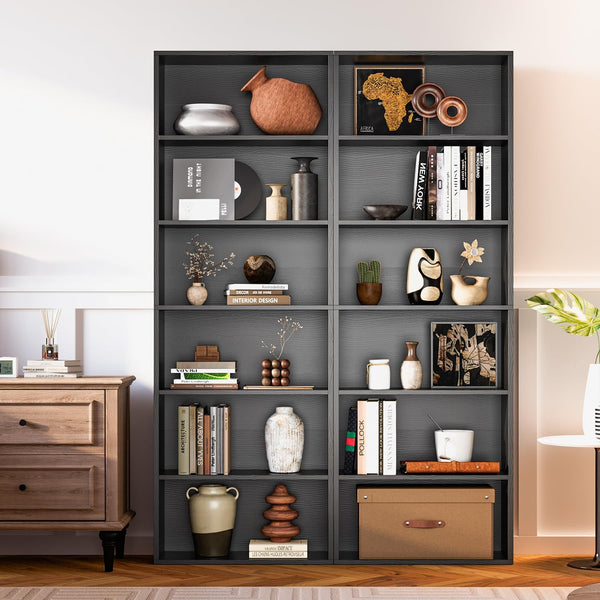 oneinmil Bookshelf 6-Tier Set of 2 Open Bookcase and Bookshelves Wooden Floor Standing Display Wide Storage Shelves Rack 71" Tall for Home Offices, Living Rooms, and Bedrooms, Black