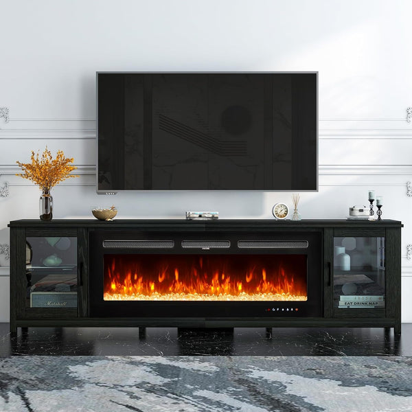 oneinmil 80" Fireplace TV Stand, 50 Inch Electric Fireplace & Modern Entertainment Center, TV Console with Adjustable Shelf & Glass Door for TVs Up to 90", Fire Place TV Stands for Living Room, Black