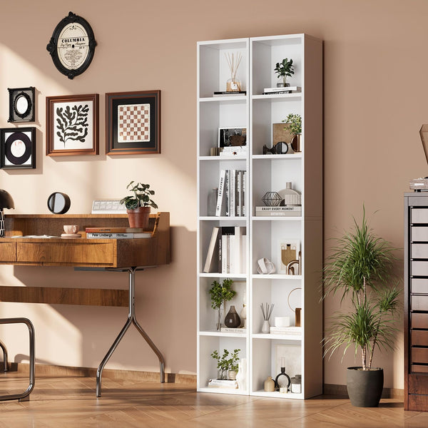 oneinmil 6-Tier Bookshelf 71.5'' Tall Narrow Set of 2 Modern Corner Bookcase Cube Display Rack Compact with Storage Space CD Storage Cabinet for Home Office (White, 2 Pack)