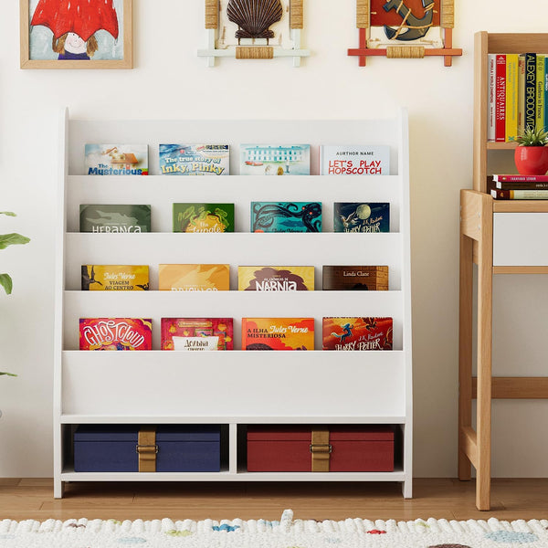 oneinmil Wooden 6-Tier Kids Bookshelf with Storage Cabinets Book Shelf for Kids Rooms Toddler Toy Book Display CD Bookcase for Nursery Classrooms Playrooms Kid Children Book Shelves Rack White