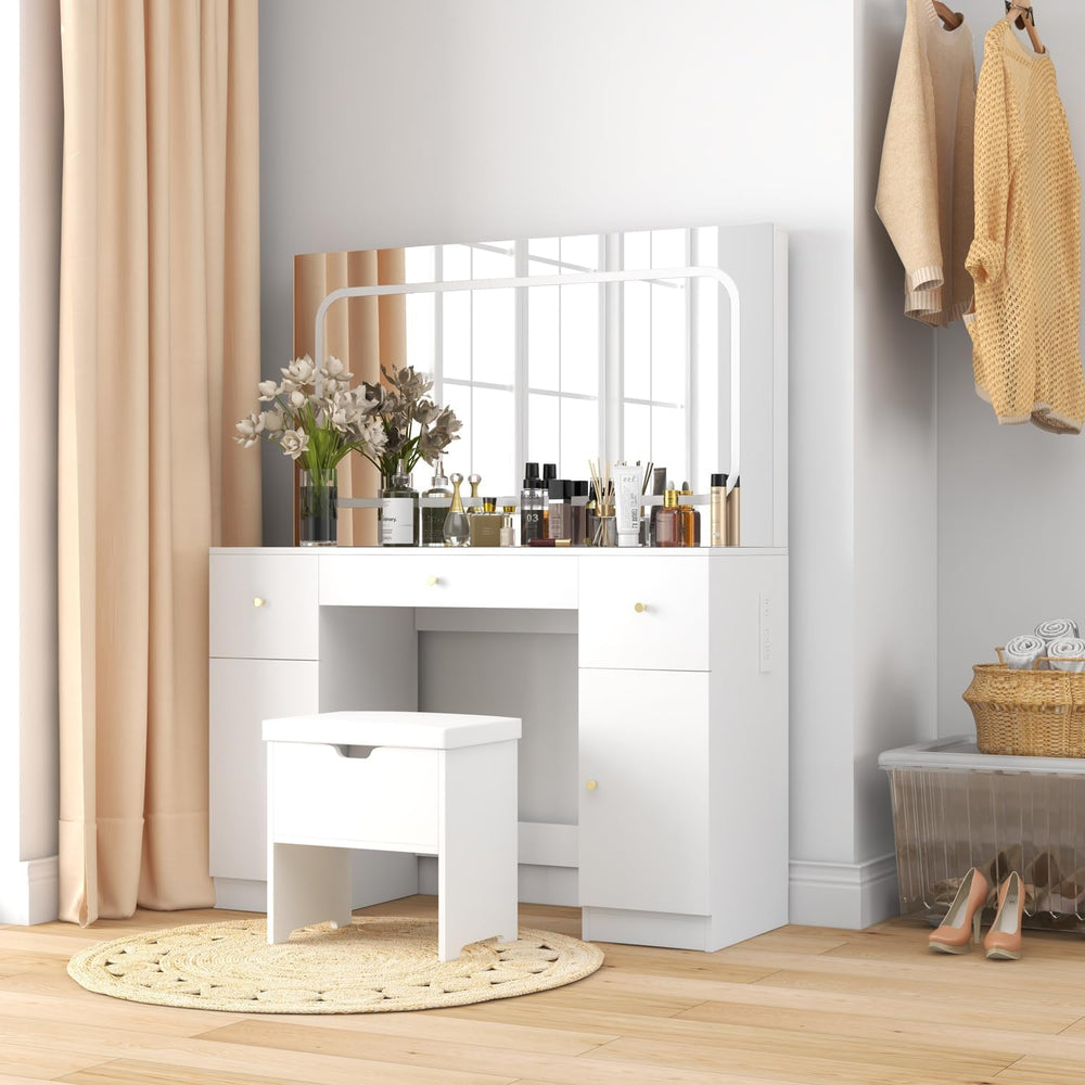 Vanity Desk with Lights Mirror,Large Makeup Vanity with Lights & Charging  Station,Vanity Desk with Storage Shelf and 5 Drawers,4 Cabinets & Time  Display, White 