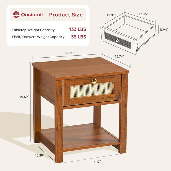 oneinmil Rattan Nightstand, Drawers with Rattan Trim, Bedside Table in Boho Style, Side Table with Storage Shelf, White