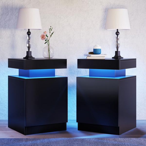 Oneinmil Nightstand Set of 2 with LED Lights,Night Stand with Storage Cabinet for Bedroom,Bedside Table with LED, Black