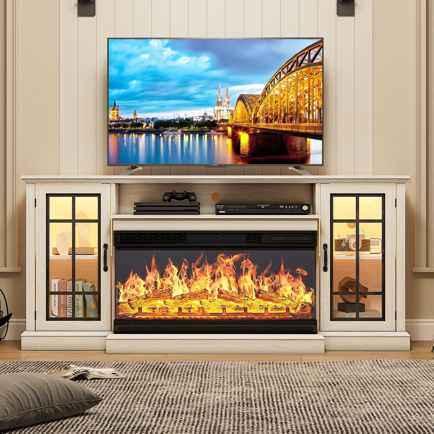 
                  
                    36 Inch 3-Sided Glass Fireplace TV Stand for TVs up to 80", with Glass Door Cabinet, Grey/White
                  
                