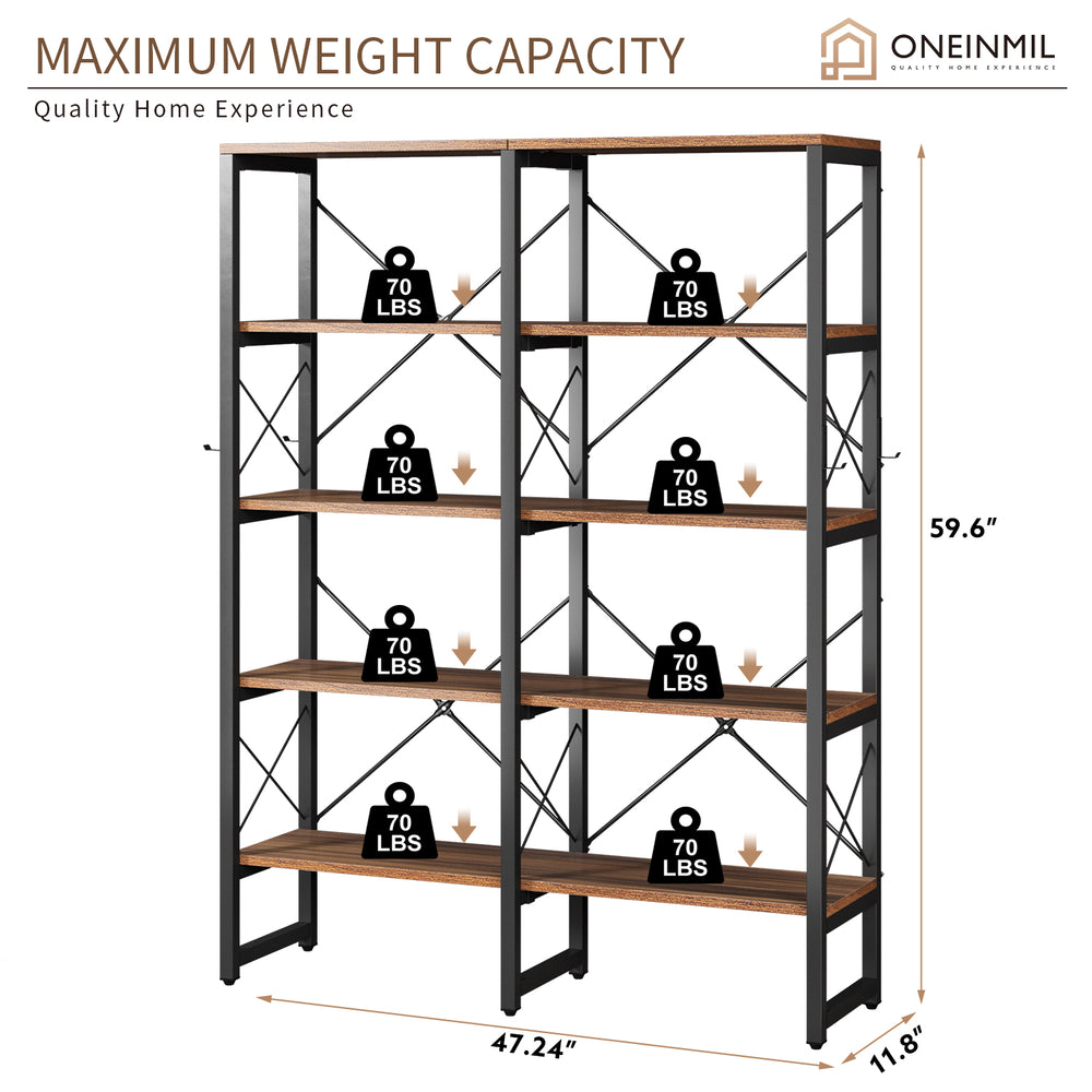 
                  
                    Double Wide 5-Tier Bookshelf, Industrial Metal Frame, Adjustable Large Open Etagere Shelf, Rustic Brown
                  
                