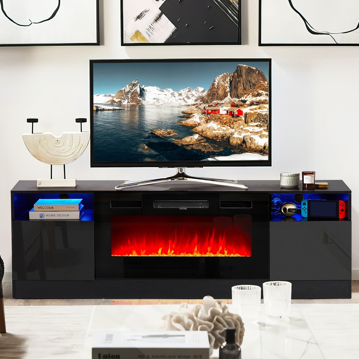 
                  
                    Modern High Gloss TV Stand with 36" Electric Fireplace for TVs Up to 80", 750W/1500W, Black
                  
                