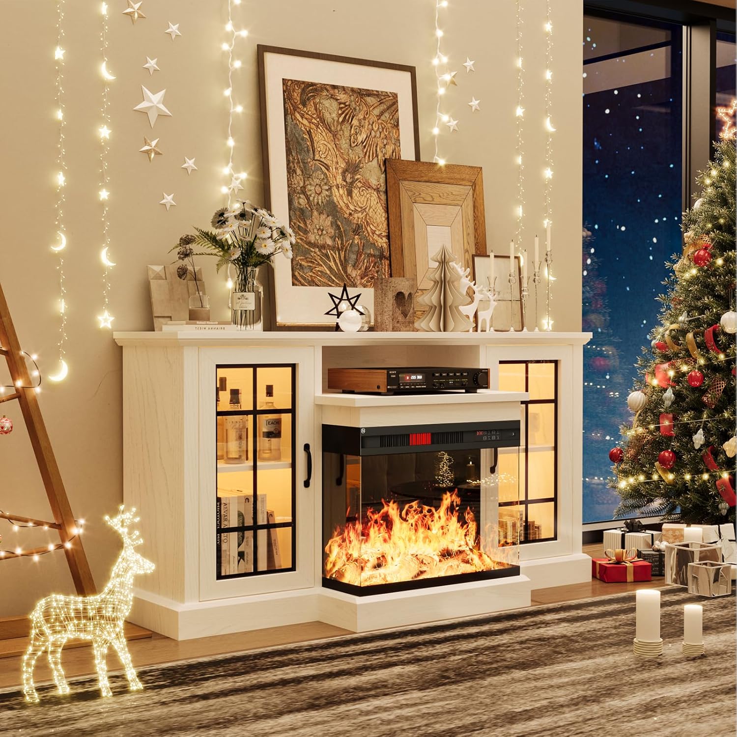 3-Sided Glass Fireplace TV Stand with 2 Glass Cabinets – ONEINMIL