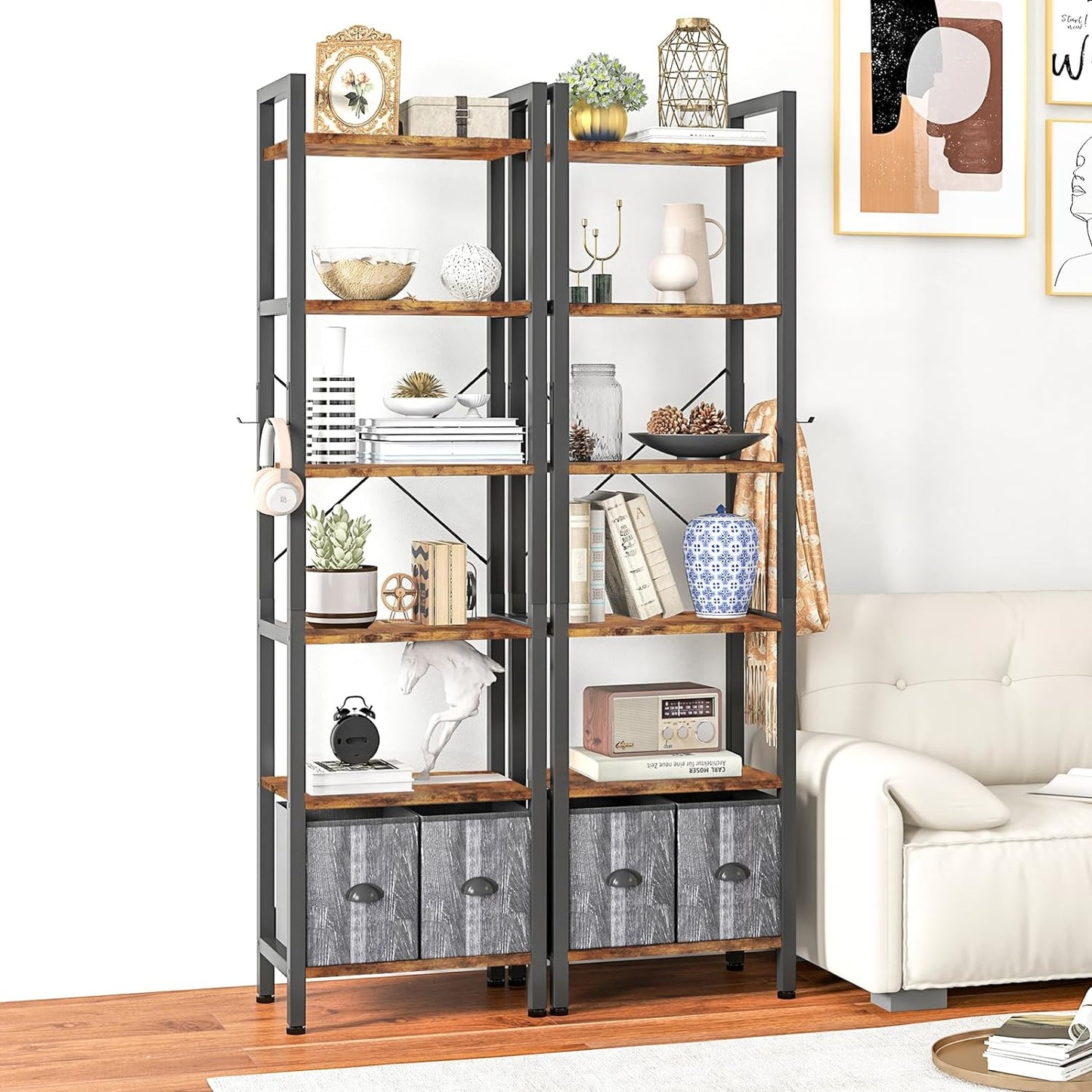 
                  
                    6-Tier Bookshelf with 2 Storage Drawers, Industrial Display Standing Shelf, Rustic Wood Storage Shelf with Metal Frame (Brown/Black)
                  
                