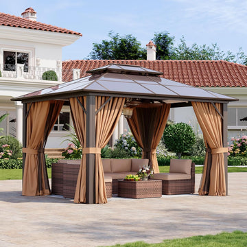 garden tent gazebo oneinmil 10'x12' Hardtop Gazebo with Netting and Curtains, Outdoor Gaz –  ONEINMIL