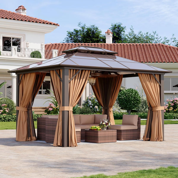 oneinmil 10'x12' Hardtop Gazebo with Netting and Curtains, Outdoor Gazebo with Aluminum Frame, Heavy Duty Double Roof Canopy Party Tent for Patio, Backyard, Lawn, Brown