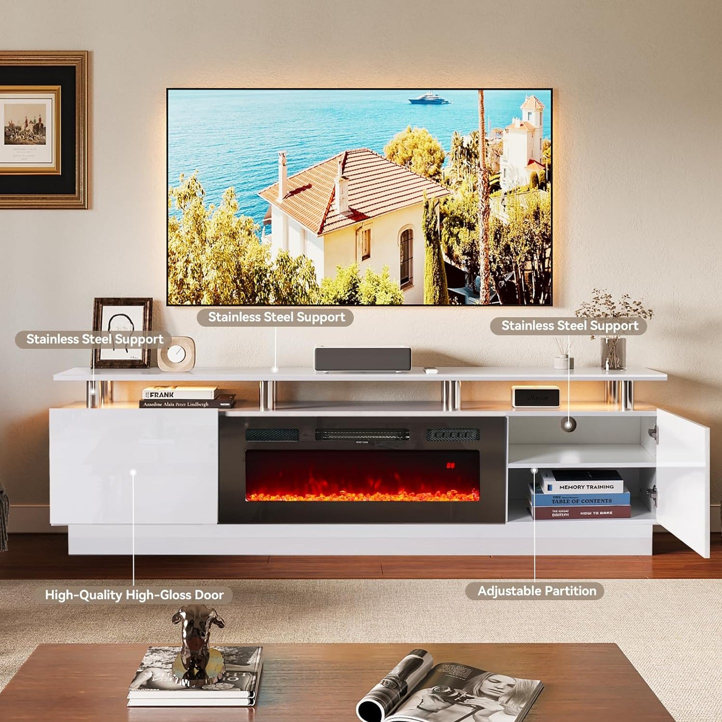 
                  
                    2 Tiers Modern High Gloss TV Stand with 750W/1500W 36" Electric Fireplace, LED TV Entertainment Center for TVs Up to 90" (Black/White/Grey)
                  
                