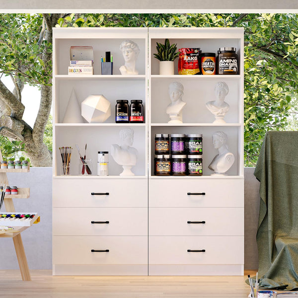 oneinmil 70" H Bookshelf with 3 Drawers, Bookcase with 2-Tier Open Shelves, Tall Book Shelf with Storage Space, Wooden Storage Cabinet for Living Room, Bedroom, Kitchen, Office(White,2 Pack)