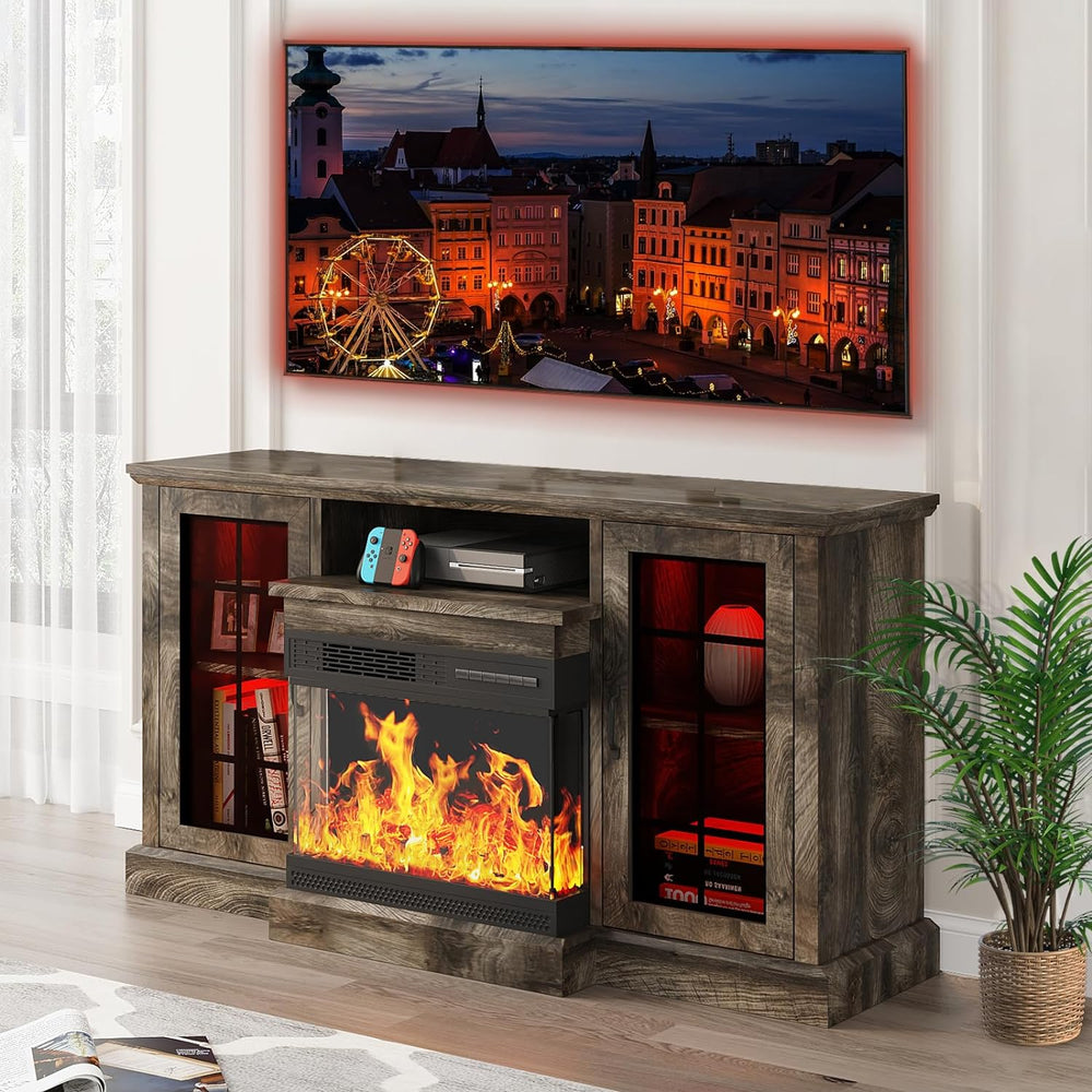
                  
                    3-Sided Glass Fireplace TV Stand for TVs up to 65", with 12-color LED Strip, Grey
                  
                