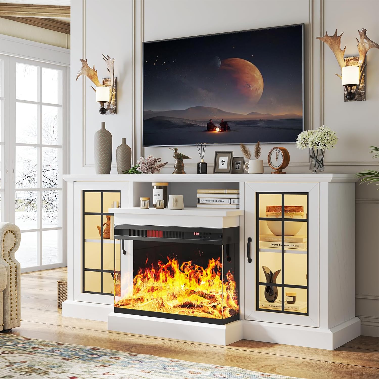 3-Sided Glass Fireplace TV Stand with 2 Glass Cabinets – ONEINMIL