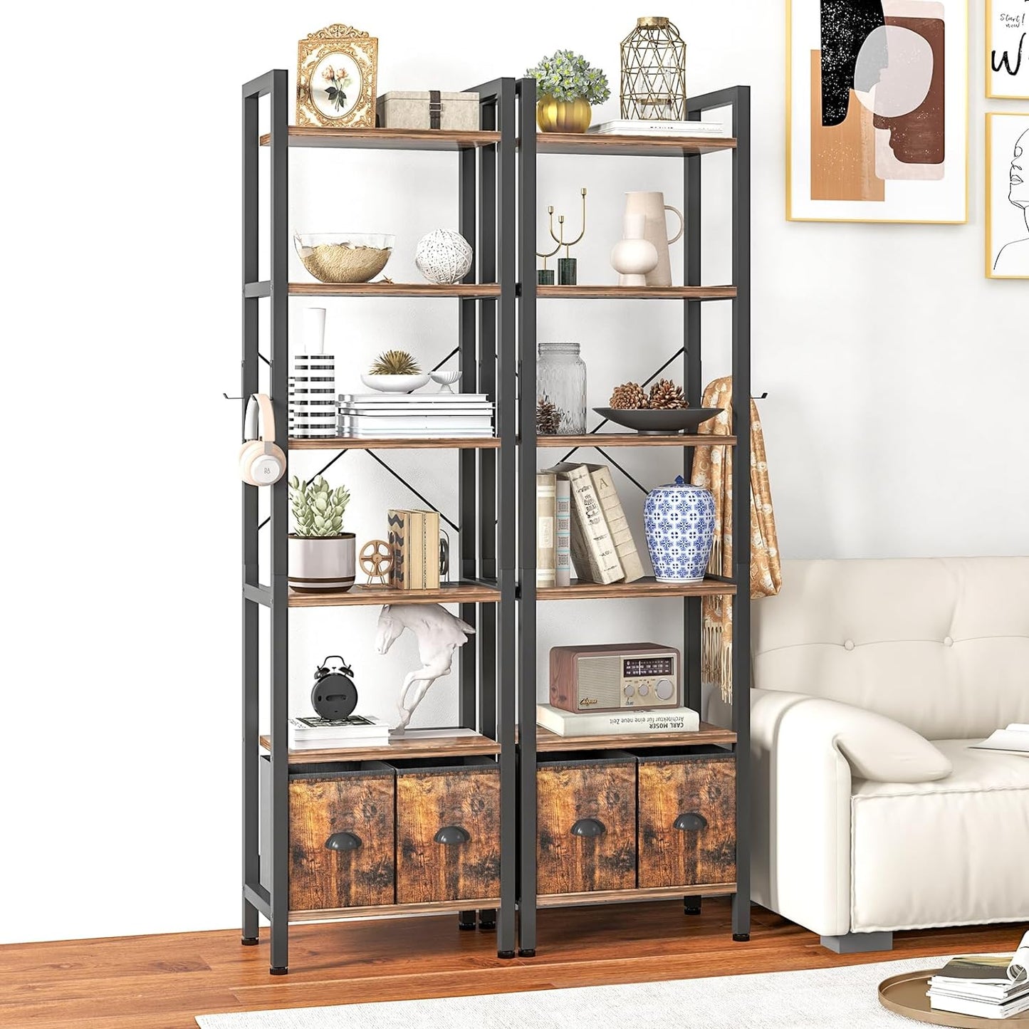
                  
                    6-Tier Bookshelf with 2 Storage Drawers, Industrial Display Standing Shelf, Rustic Wood Storage Shelf with Metal Frame (Brown/Black)
                  
                