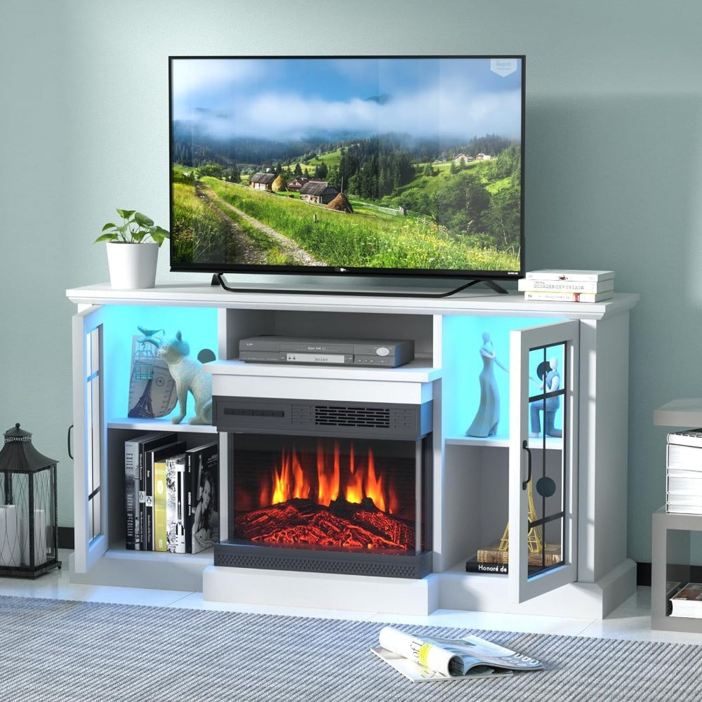 
                  
                    3-Sided Glass Fireplace TV Stand for TVs up to 65", with 12-color LED Strip, White
                  
                