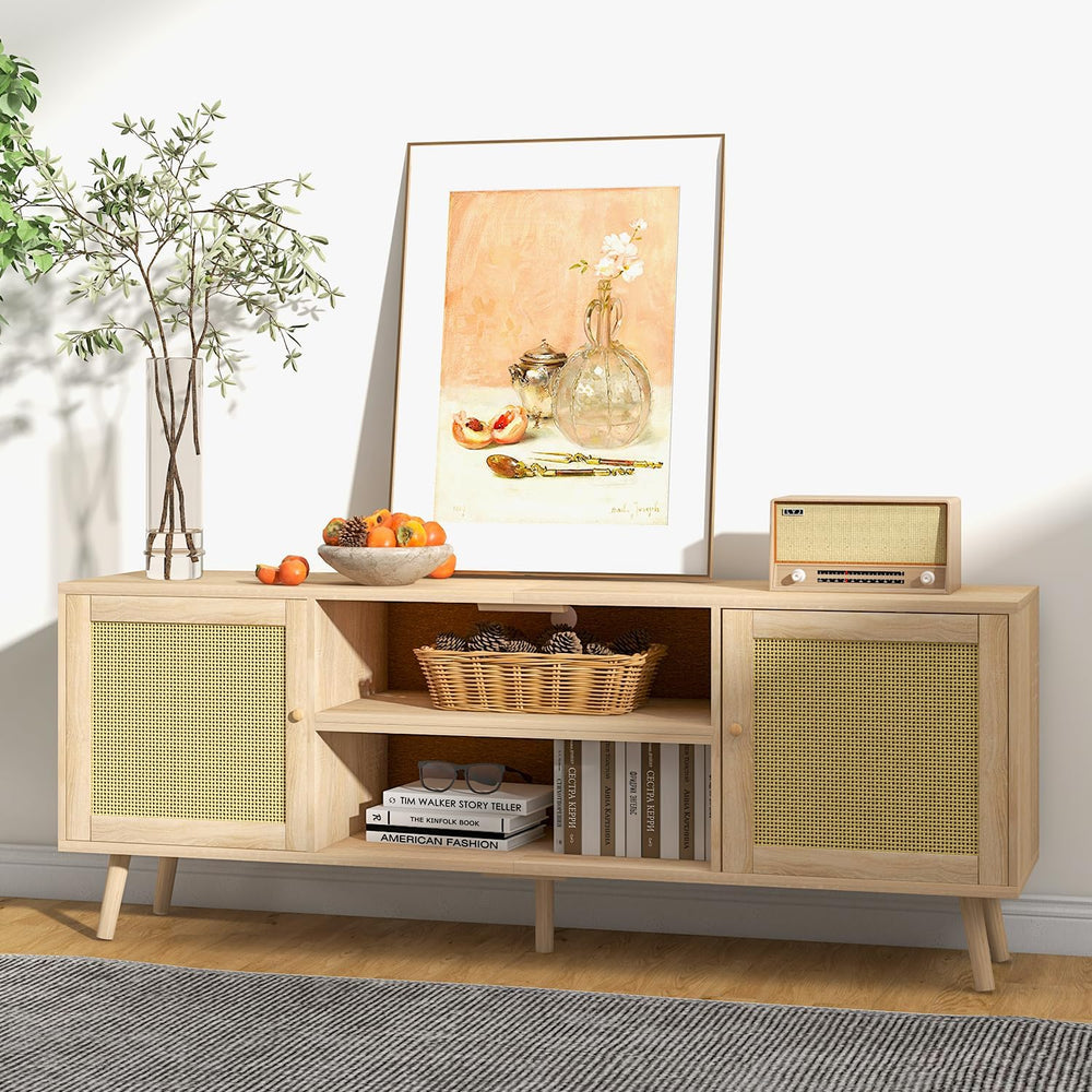 
                  
                    Rattan TV Stand for 75 Inch TV, Boho Rattan Television Console with Adjustable Storage, Natural Wood Color
                  
                