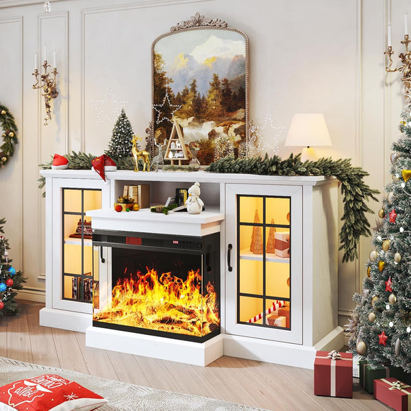 oneinmil 59'' Fireplace TV Stand, 3 Sided Glass Media Entertainment Center Console Table for TVs up to 65'' with Glass Door Adjustable Flame LED Color for Living Room, Set of TV Table