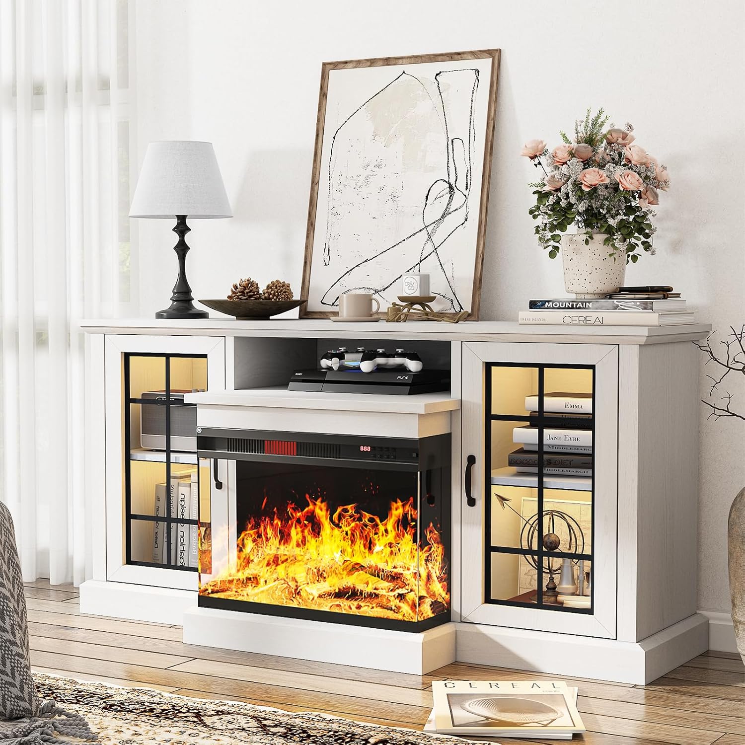 3-Sided Glass Fireplace TV Stand with 2 Glass Cabinets – ONEINMIL