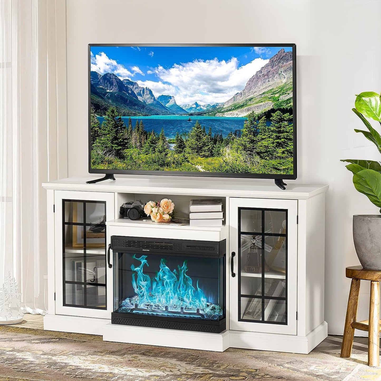 
                  
                    3-Sided Glass Fireplace TV Stand for TVs up to 65", with 12-color LED Strip, White
                  
                