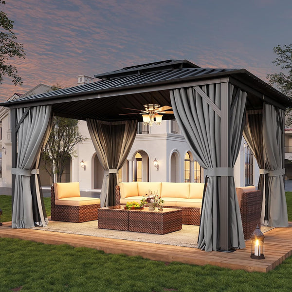 oneinmil 12'x16' Hardtop Gazebo with Netting and Curtains, Outdoor Gazebo with Aluminum Frame, Galvanized Steel Double Roof Canopy Party Tent Pergola for Patio, Backyard, Lawn, Gray