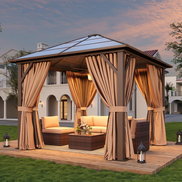 oneinmil 10'x10' Hardtop Gazebo with Netting and Curtains, Outdoor Gazebo with Aluminum Frame, Heavy Duty Roof Canopy Party Tent for Patio, Backyard, Lawn, Brown