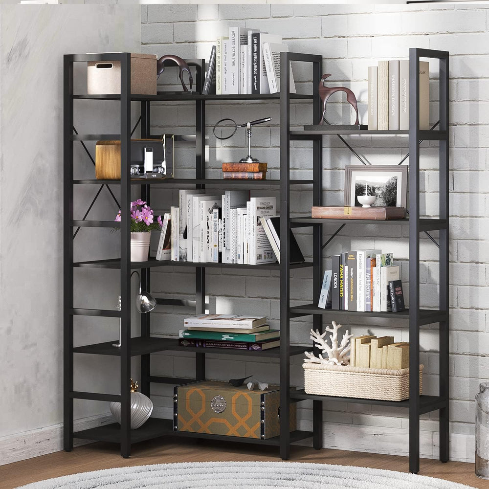 
                  
                    Triple Wide 5-Tier L-Shaped Bookshelf, Industrial Metal Frame, Adjustable Large Open Etagere Shelf, Black
                  
                