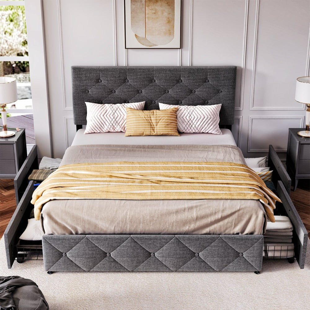 
                  
                    Queen Size Bed Frame Upholstered Platform with Adjustable Headboard, 4 Storage Drawers, Grey
                  
                